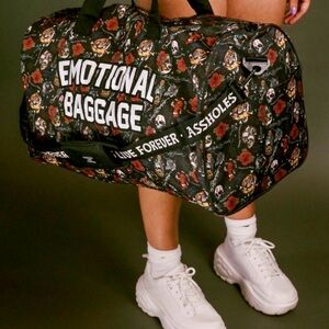 ALF Tattoo Print Embroidered Emotional Baggage Black Duffel Bag Zip Weekender